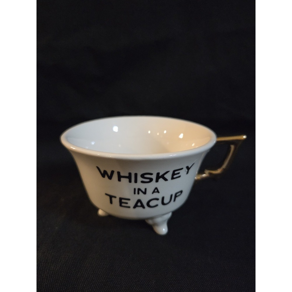 Creative Co-Op Whiskey in a Teacup Footed Stoneware Cup Gold Handle 6 Oz